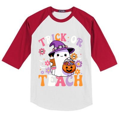 Trick Or Teach Groovy Teacher Ghost Funny Halloween Teacher Gift Kids Colorblock Raglan Jersey