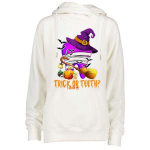 Trick Or Treat Brush Your Teeth Dentist Halloween Gift Womens Funnel Neck Pullover Hood