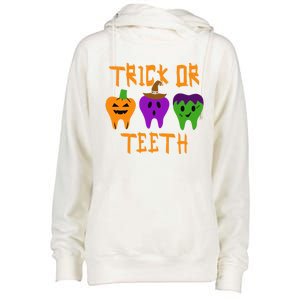 Trick Or Treat Brush Your Teeth Dentist Halloween Funny Gift Womens Funnel Neck Pullover Hood