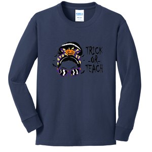 Trick or Teach Cute Halloween Teacher Messy Bun Retro Shades Kids Long Sleeve Shirt