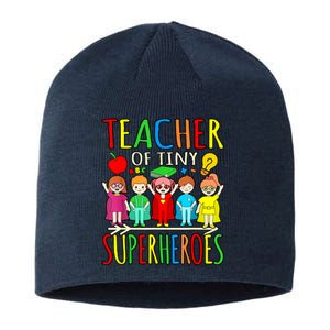 Teacher Of Tiny Superheroes First Day Back To School Graphic Sustainable Beanie