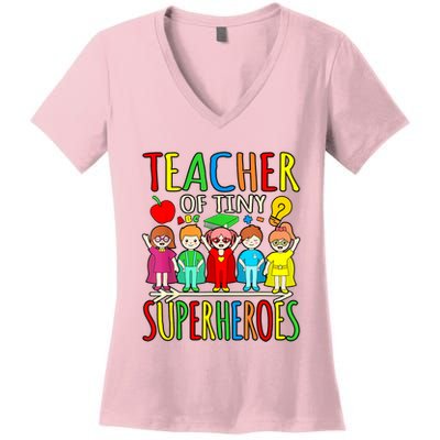 Teacher Of Tiny Superheroes First Day Back To School Graphic Women's V-Neck T-Shirt