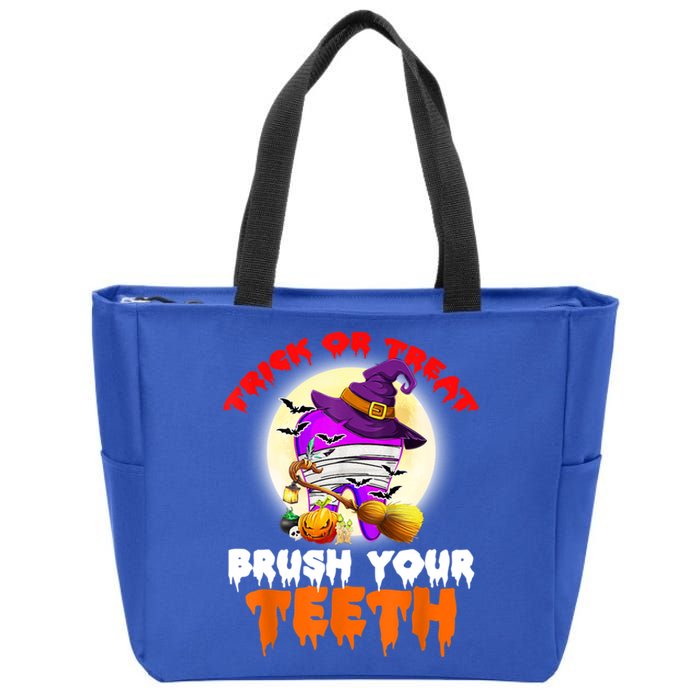 Trick Or Treat Brush Your Teeth Dentist Pun Halloween Dental Gift Zip Tote Bag