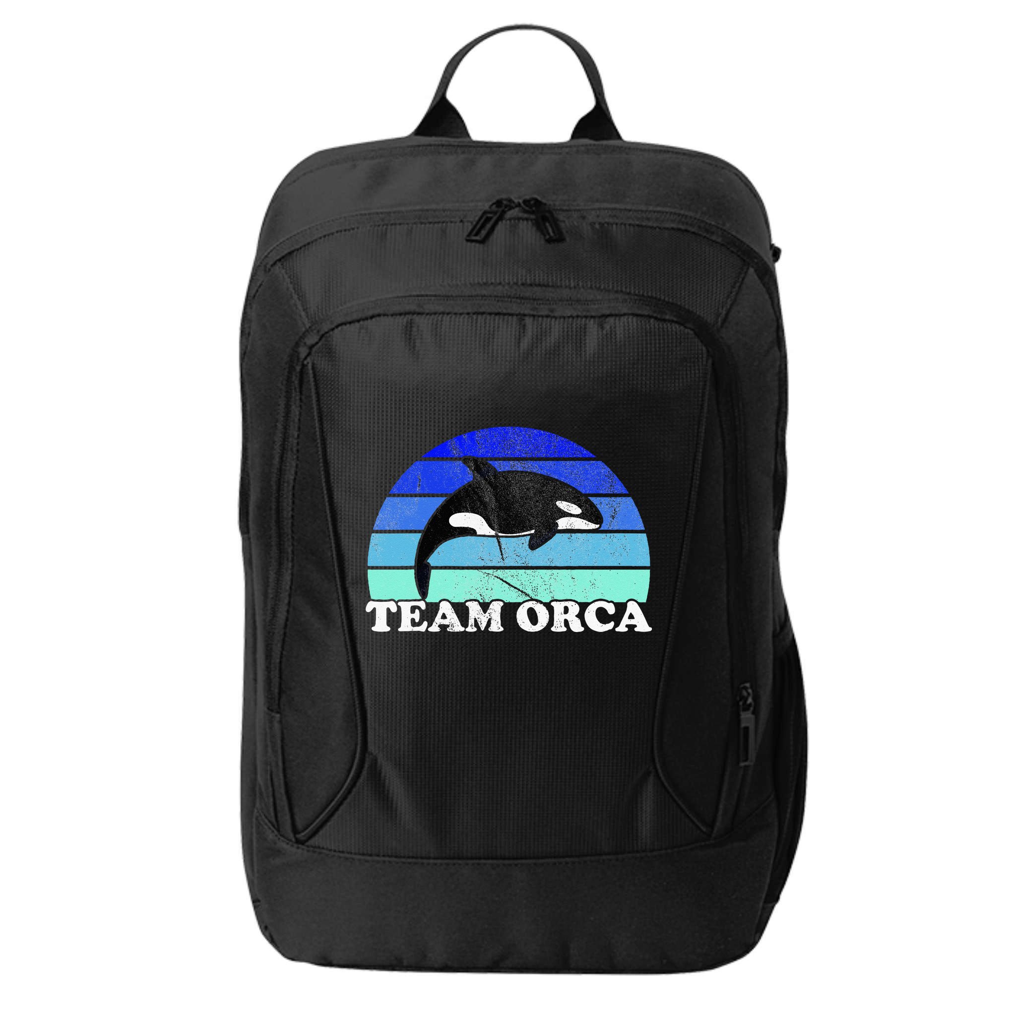 Team Orca Whale Orcas Sea Ocean Retro Sunset City Backpack