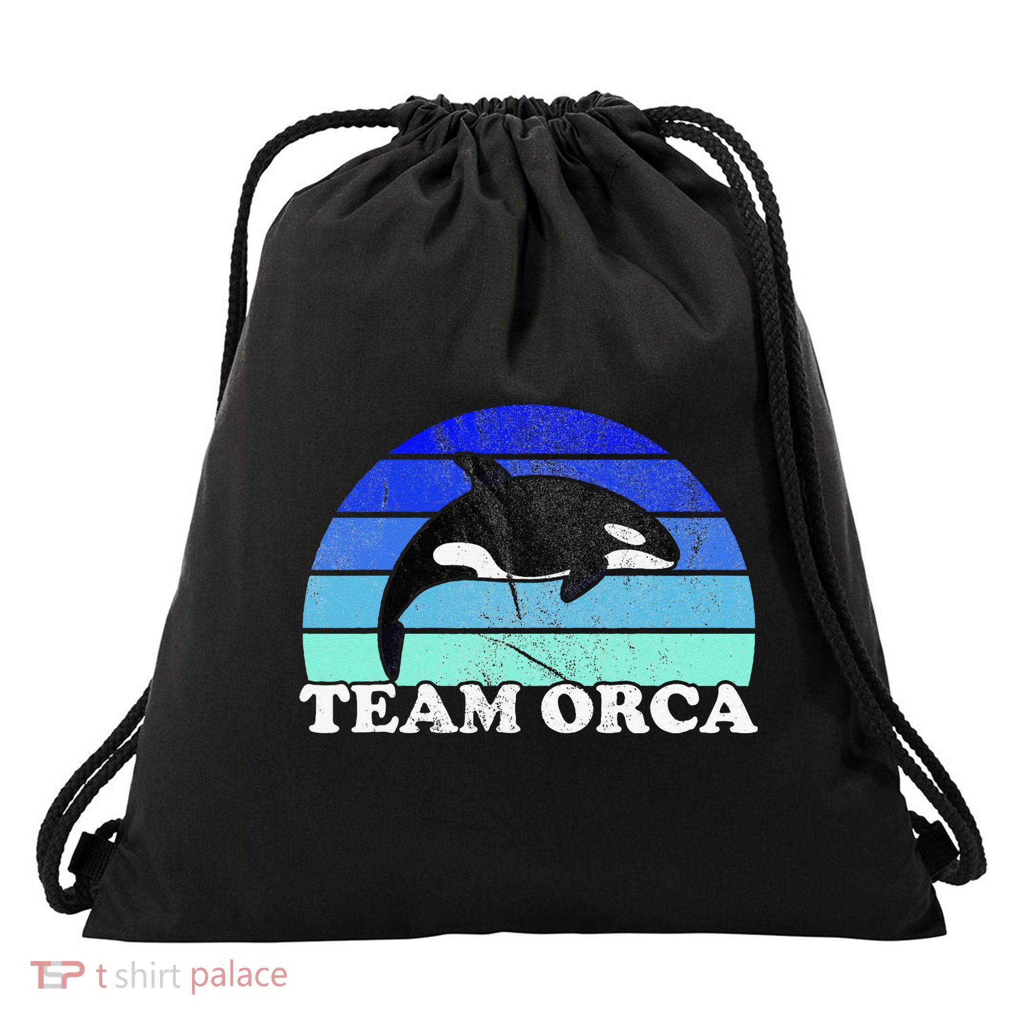 Team Orca Whale Orcas Sea Ocean Retro Sunset Drawstring Bag