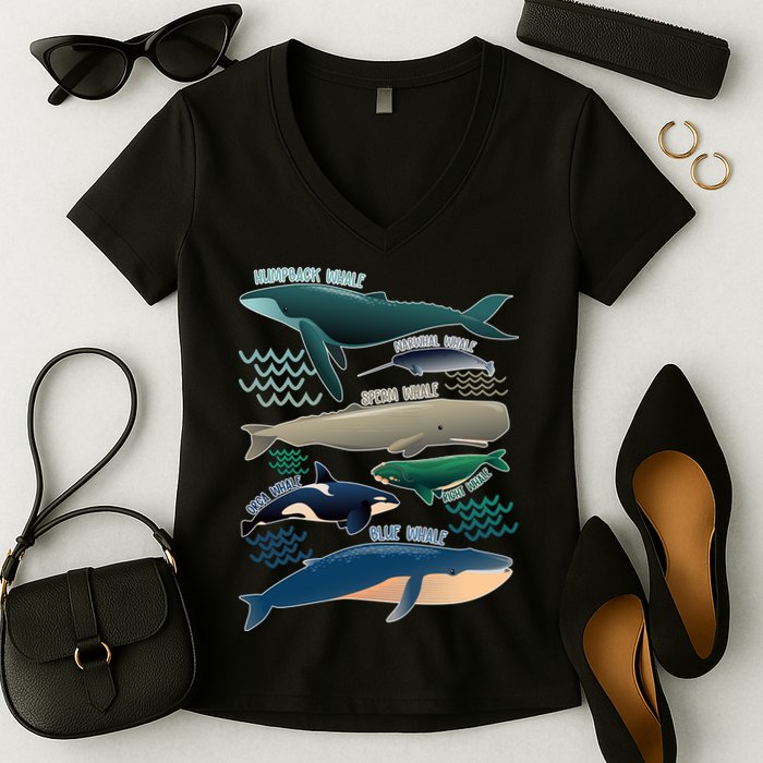 Types Of Whales Save The Whales Women's V-Neck T-Shirt
