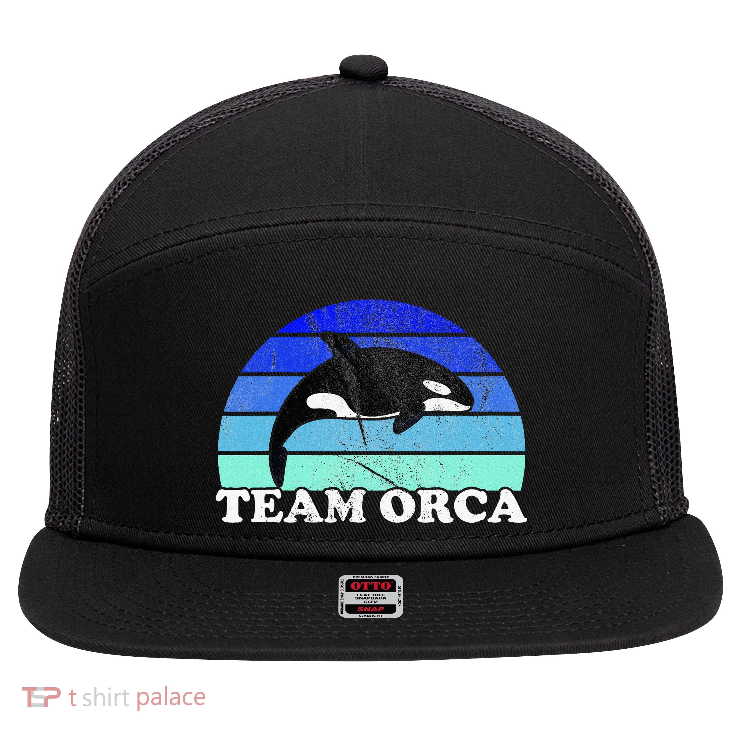 Team Orca Whale Orcas Sea Ocean Retro Sunset 7 Panel Mesh Trucker Snapback Hat