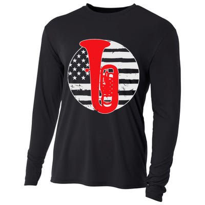 Tuba Player American USA Flag 4th Of July Vintage Cooling Performance Long Sleeve Crew