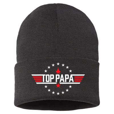 Top Papa Birthday Gun Jet Fathers Day Funny 80s Father Air Sustainable Knit Beanie