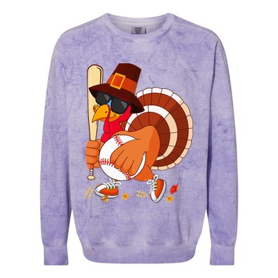 Turkey Playing Baseball Thanksgiving Turkey Baseball Player Colorblast Crewneck Sweatshirt