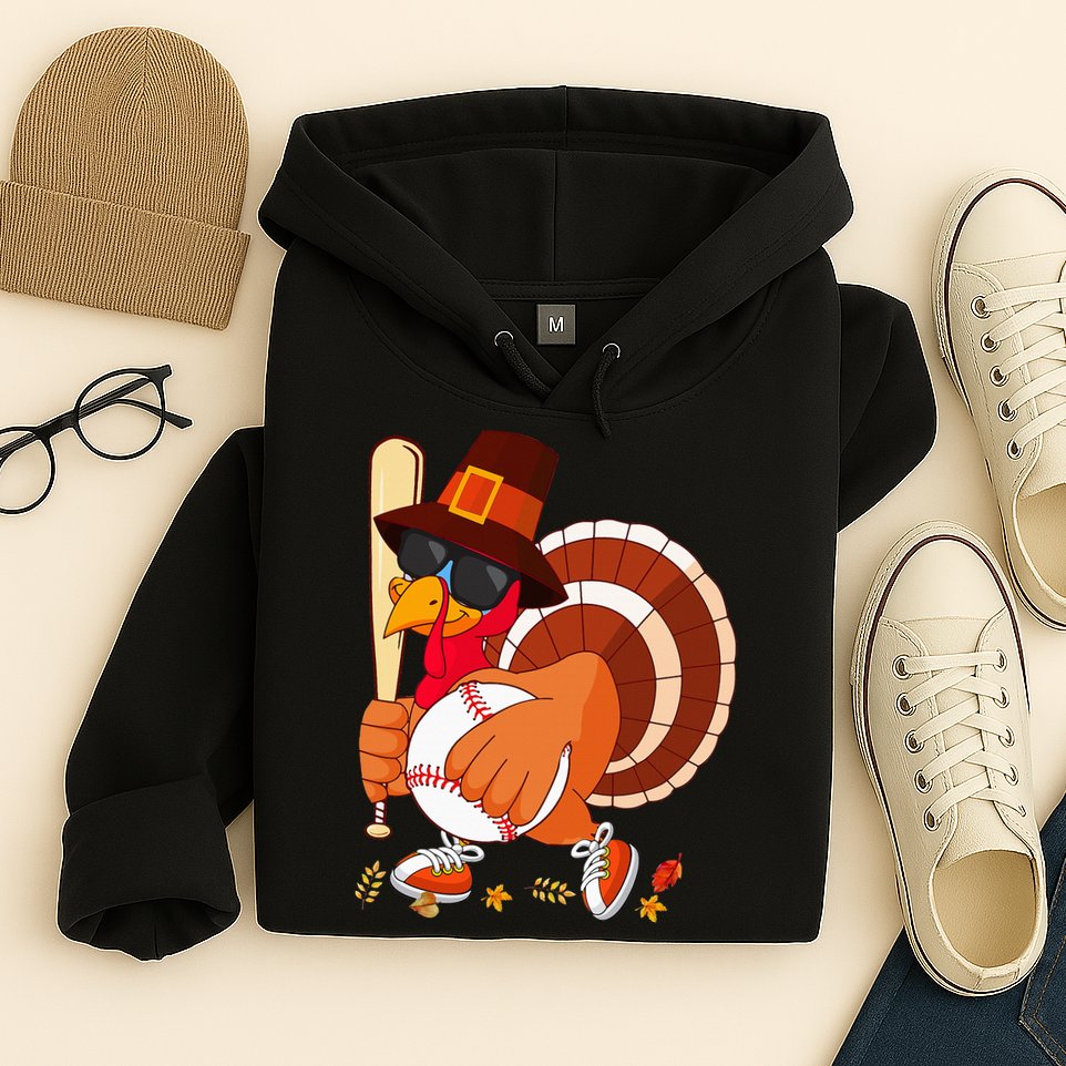 Turkey Playing Baseball Thanksgiving Turkey Baseball Player Hoodie