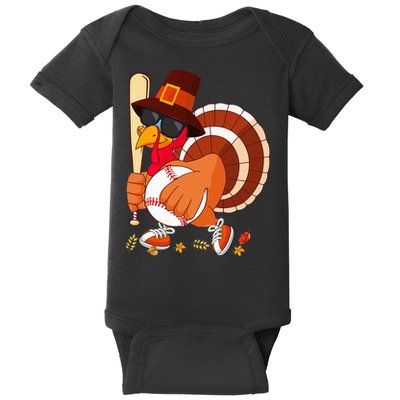 Turkey Playing Baseball Thanksgiving Turkey Baseball Player Baby Bodysuit