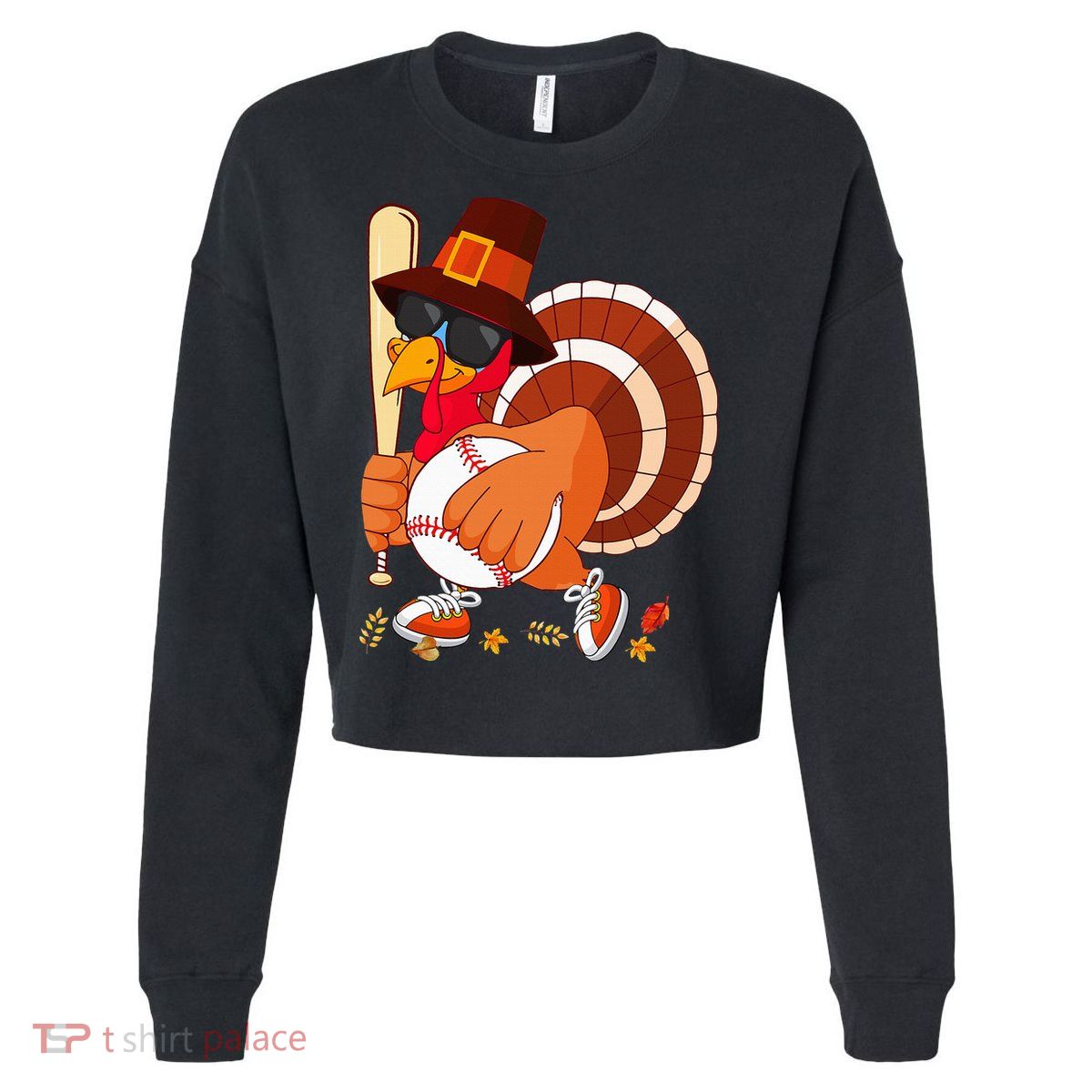 Turkey Playing Baseball Thanksgiving Turkey Baseball Player Cropped Pullover Crew