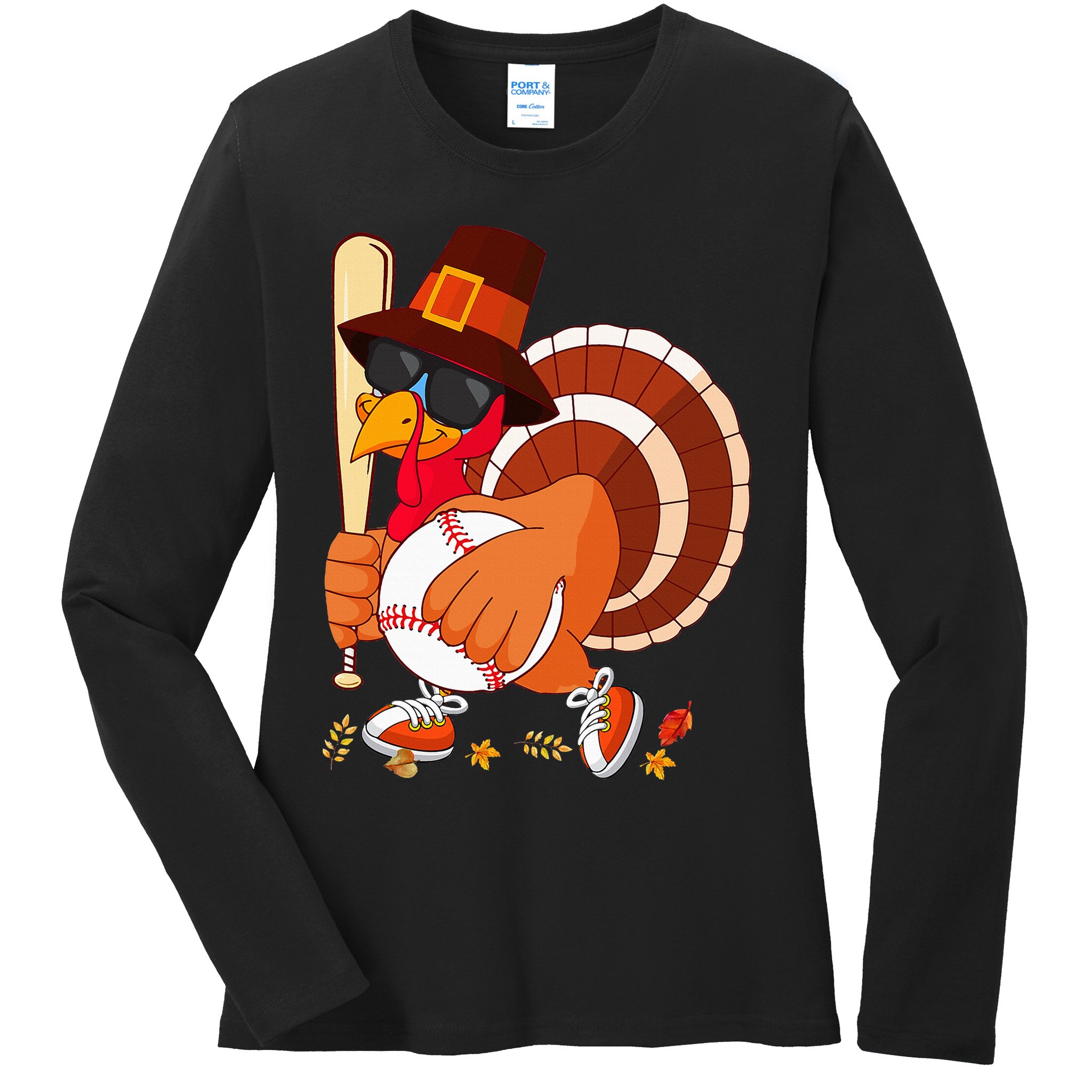 Turkey Playing Baseball Thanksgiving Turkey Baseball Player Ladies Long Sleeve Shirt