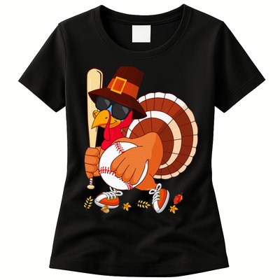Turkey Playing Baseball Thanksgiving Turkey Baseball Player Womens T-Shirt