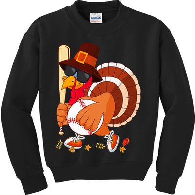 Turkey Playing Baseball Thanksgiving Turkey Baseball Player Kids Sweatshirt