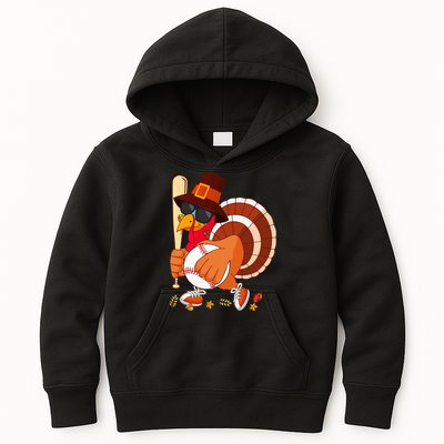 Turkey Playing Baseball Thanksgiving Turkey Baseball Player Kids Hoodie