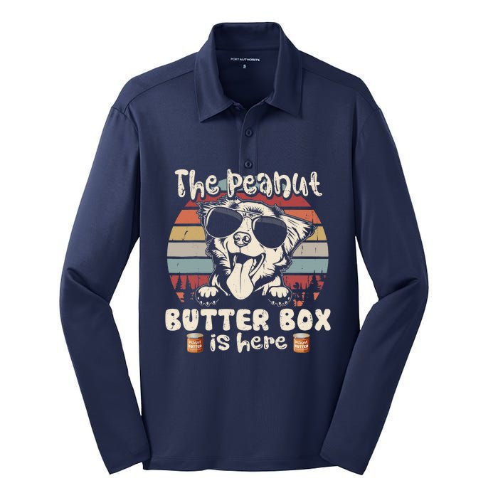 The Peanut Butter Box Is Here Funny Australian Shepherd Silk Touch Performance Long Sleeve Polo