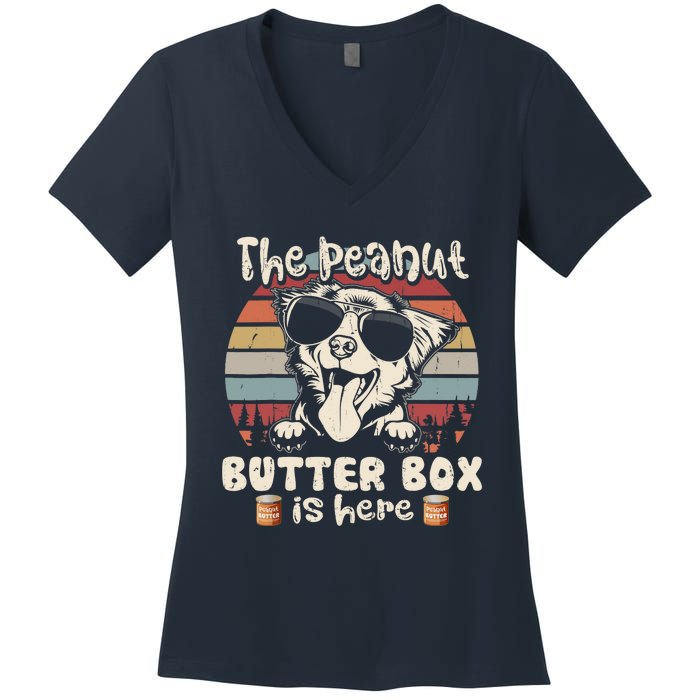 The Peanut Butter Box Is Here Funny Australian Shepherd Women's V-Neck T-Shirt