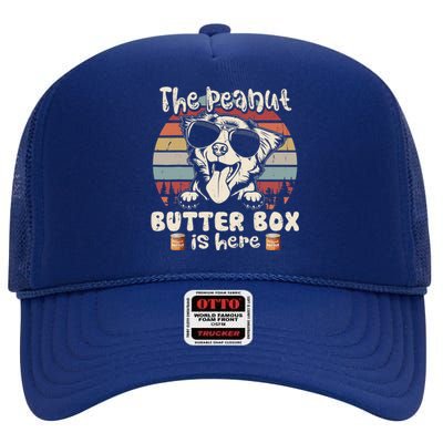 The Peanut Butter Box Is Here Funny Australian Shepherd High Crown Mesh Back Trucker Hat