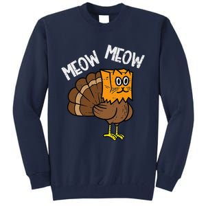 Turkey Paper Bag Meow Funny Thanksgiving Cat Women Tall Sweatshirt