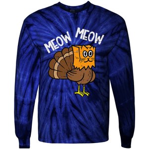 Turkey Paper Bag Meow Funny Thanksgiving Cat Women Tie-Dye Long Sleeve Shirt