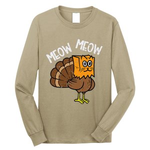 Turkey Paper Bag Meow Funny Thanksgiving Cat Women Long Sleeve Shirt