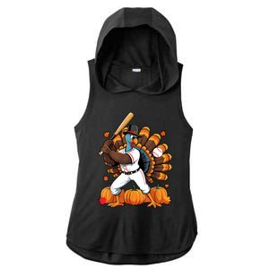 Turkey Playing Baseball Thanksgiving Baseball Player Ladies PosiCharge Tri-Blend Wicking Draft Hoodie Tank