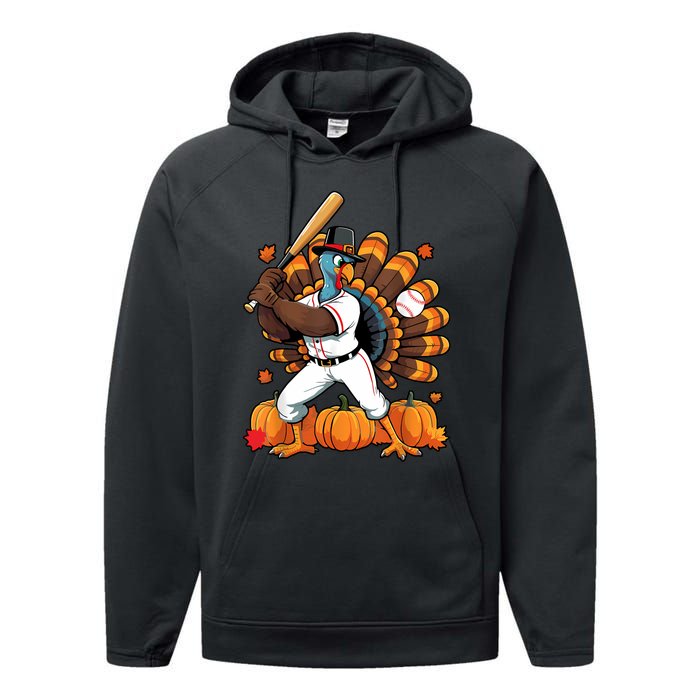 Turkey Playing Baseball Thanksgiving Baseball Player Performance Fleece Hoodie