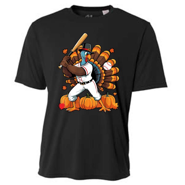 Turkey Playing Baseball Thanksgiving Baseball Player Cooling Performance Crew T-Shirt