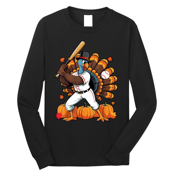 Turkey Playing Baseball Thanksgiving Baseball Player Long Sleeve Shirt