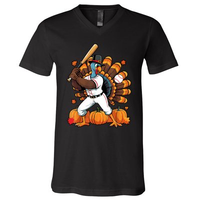 Turkey Playing Baseball Thanksgiving Baseball Player V-Neck T-Shirt