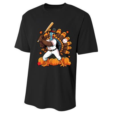 Turkey Playing Baseball Thanksgiving Baseball Player Performance Sprint T-Shirt