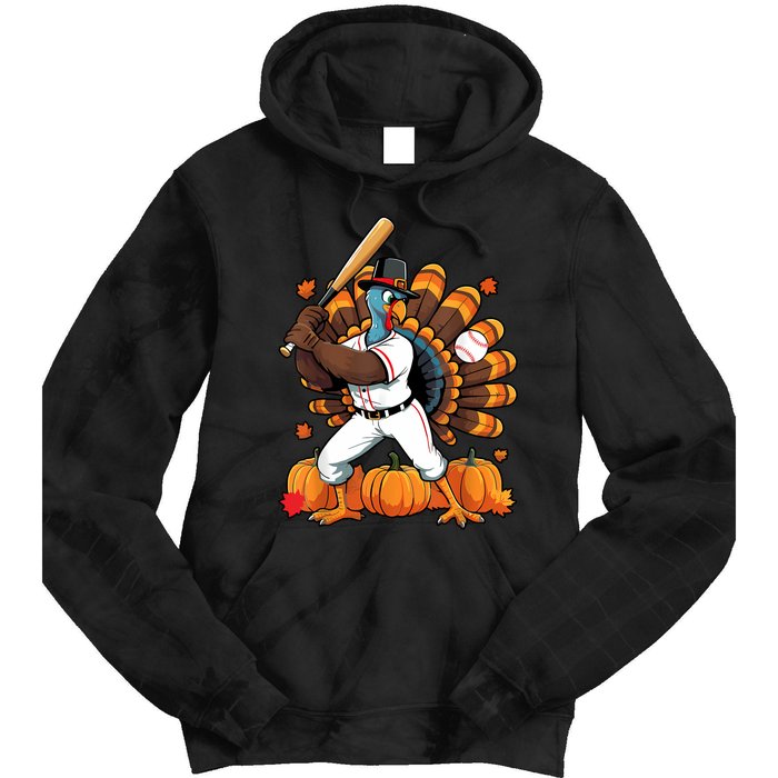 Turkey Playing Baseball Thanksgiving Baseball Player Tie Dye Hoodie