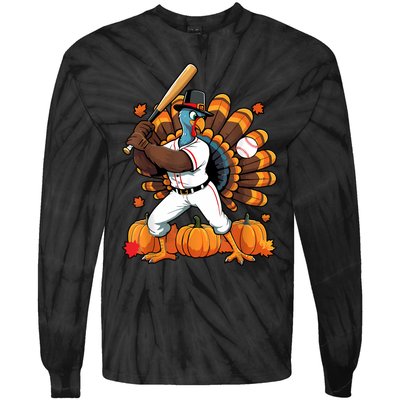 Turkey Playing Baseball Thanksgiving Baseball Player Tie-Dye Long Sleeve Shirt