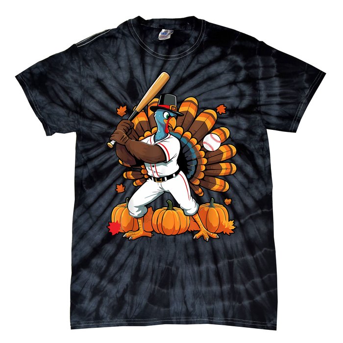 Turkey Playing Baseball Thanksgiving Baseball Player Tie-Dye T-Shirt