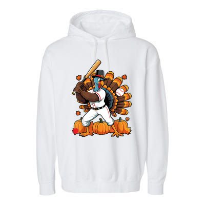 Turkey Playing Baseball Thanksgiving Baseball Player Garment-Dyed Fleece Hoodie