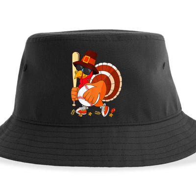 Turkey Playing Baseball Thanksgiving Sustainable Bucket Hat
