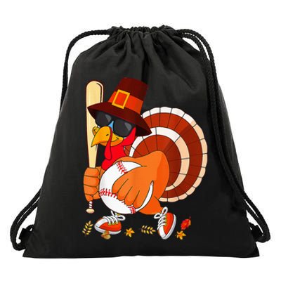 Turkey Playing Baseball Thanksgiving Drawstring Bag