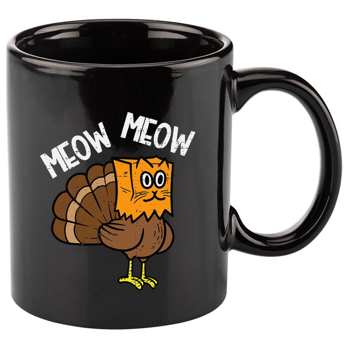 Turkey Paper Bag Meow Funny Thanksgiving Cat 11oz C Handle Ceramic Mug