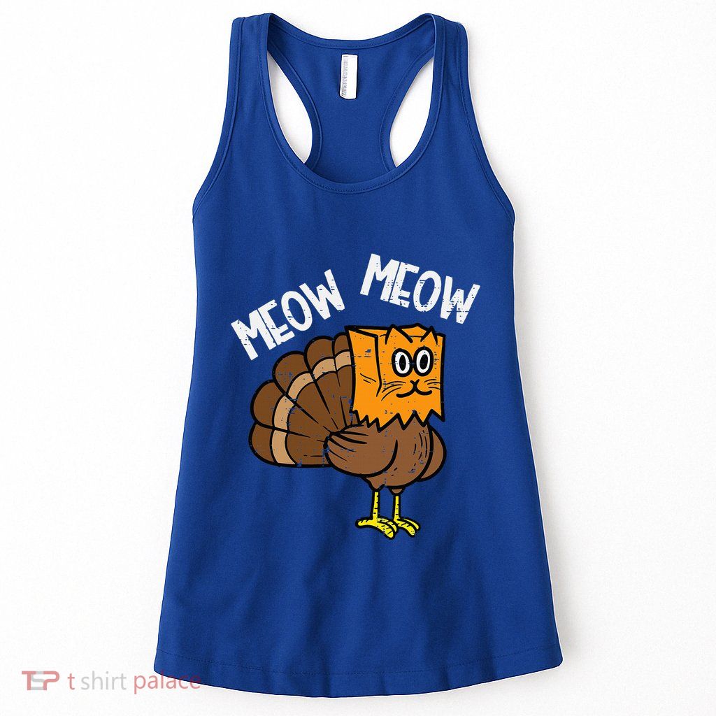 Turkey Paper Bag Meow Funny Thanksgiving Cat Womens Tank Top