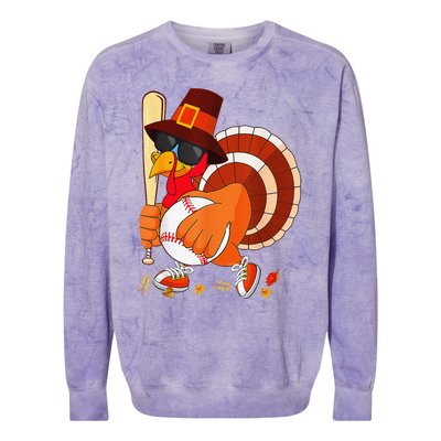 Turkey Playing Baseball Thanksgiving Colorblast Crewneck Sweatshirt