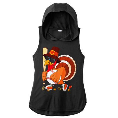 Turkey Playing Baseball Thanksgiving Ladies PosiCharge Tri-Blend Wicking Draft Hoodie Tank