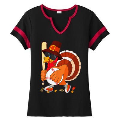 Turkey Playing Baseball Thanksgiving Ladies Halftime Notch Neck Tee