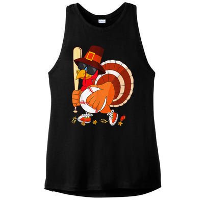 Turkey Playing Baseball Thanksgiving Ladies PosiCharge Tri-Blend Wicking Tank