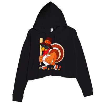 Turkey Playing Baseball Thanksgiving Crop Fleece Hoodie