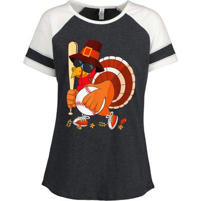 Turkey Playing Baseball Thanksgiving Enza Ladies Jersey Colorblock Tee