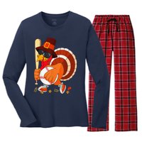 Turkey Playing Baseball Thanksgiving Women's Long Sleeve Flannel Pajama Set 