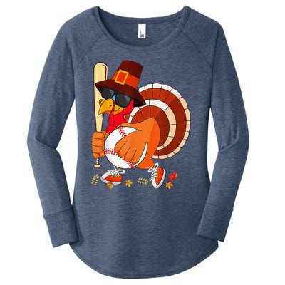 Turkey Playing Baseball Thanksgiving Women's Perfect Tri Tunic Long Sleeve Shirt