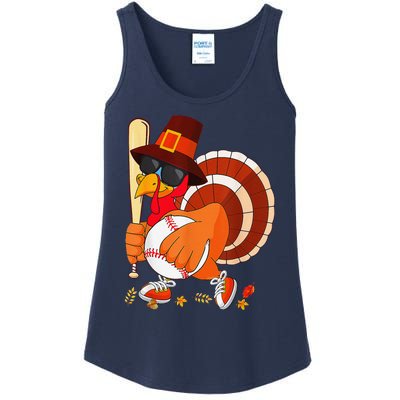 Turkey Playing Baseball Thanksgiving Ladies Essential Tank